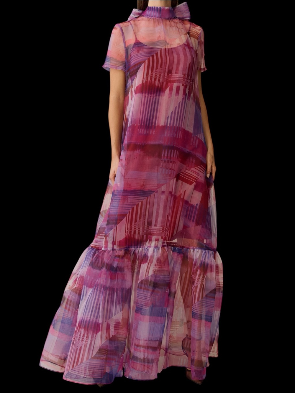 Few Moda Caara Melody Dress Berry Pink Organza Sheer Ruffle Overlay NWT